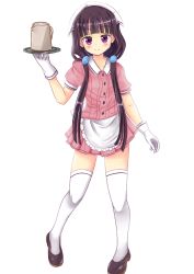Rule 34 | 1girl, arm up, black hair, blend s, blunt bangs, blush, brown footwear, closed mouth, collarbone, collared shirt, commentary request, full body, gloves, hair ornament, head scarf, head tilt, hiyada yuu, holding, holding tray, jug (bottle), long hair, looking at viewer, pink shirt, pink skirt, pleated skirt, purple eyes, sakuranomiya maika, shirt, shoes, simple background, skirt, smile, solo, standing, thighhighs, tray, uniform, very long hair, waitress, white background, white gloves, white thighhighs