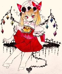 Rule 34 | 1girl, alternate hairstyle, blonde hair, boku (isizakitakasi), bow, buttons, closed mouth, collared shirt, cropped legs, cross, crystal, flandre scarlet, hat, hat bow, hatching (texture), linear hatching, looking at viewer, medium hair, mob cap, puffy short sleeves, puffy sleeves, red bow, red eyes, red skirt, red vest, shirt, short sleeves, skirt, skirt set, solo, touhou, traditional media, two side up, vest, white background, white hat, white shirt, wings