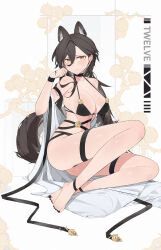 Rule 34 | 1girl, absurdres, animal ears, arknights, barefoot, bikini, black bikini, black hair, black nails, breasts, cleavage, closed mouth, collarbone, earrings, feet, full body, hair between eyes, highres, jewelry, large breasts, long hair, looking at viewer, mole, mole above eye, nail polish, penance (arknights), shiershishisanfen, sitting, solo, swimsuit, tail, toenail polish, toenails, wolf ears, wolf girl, wolf tail, yellow eyes