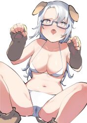 Rule 34 | 1girl, absurdres, animal ears, animal hands, bare shoulders, bikini, blue-framed eyewear, breasts, brown eyes, brown footwear, brown gloves, cleavage, collarbone, dog ears, dog paws, dog tail, dutch angle, feet out of frame, fingerless gloves, glasses, gloves, goe (g-o-e), grey hair, hair between eyes, halterneck, hands up, heart, heart-shaped pupils, highres, kemonomimi mode, long hair, looking at viewer, medium breasts, oogami shiro, open mouth, paw gloves, paw pose, paw shoes, pussy juice, pussy juice stain, raised eyebrows, saliva, semi-rimless eyewear, shoujo kageki revue starlight, shoujo kageki revue starlight -re live-, simple background, solo, spread legs, squatting, string bikini, swimsuit, symbol-shaped pupils, tail, tongue, tongue out, under-rim eyewear, white background, white bikini