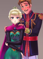 Rule 34 | 1boy, 1girl, agdar (frozen), aiguillette, blonde hair, blue eyes, blush, brown hair, cape, corset, elsa (frozen), epaulettes, facial hair, father and daughter, frozen (disney), fujimaru (kinakomucch), full-face blush, hair up, hands on another&#039;s shoulders, lipstick, looking at viewer, makeup, medal, military, military uniform, mustache, red lips, uniform, yellow eyes
