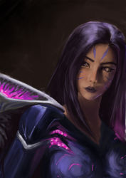 Rule 34 | 1girl, absurdres, black lips, breasts, brown background, facial mark, gradient background, highres, kai&#039;sa, large breasts, league of legends, long hair, looking at viewer, pink eyes, purple hair, shallow-ripple, solo, wings