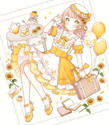 Rule 34 | 1girl, ankle strap, balloon, blush, book, braided hair rings, briefcase, brown hair, commission, cup, dress, earrings, envelope, flower, food, frilled shirt collar, frills, full body, green eyes, hair flower, hair ornament, hat, high heels, highres, hoshifuru akiyo, jar, jewelry, long hair, looking at viewer, neck ribbon, original, pudding, ribbon, saucer, short sleeves, skeb commission, smile, solo, spoon, sunflower, table, teacup, teapot, wrist cuffs