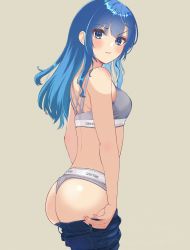 Rule 34 | 1girl, absurdres, ass, bare shoulders, blue eyes, blue hair, blush, bra, brand name imitation, breasts, calvin klein, denim, from side, furrowed brow, glaring, grey bra, grey panties, highres, hololive, hoshimachi suisei, jeans, long hair, looking at viewer, looking to the side, melow menow, panties, pants, simple background, small breasts, solo, star (symbol), star in eye, symbol in eye, underwear, undressing, v-shaped eyebrows, virtual youtuber, wavy hair