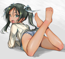Rule 34 | 1girl, ass, barefoot, dress shirt, fang, feet, feet up, francesca lucchini, from behind, green eyes, green hair, highres, legs, long hair, looking at viewer, looking back, lying, on stomach, open mouth, panties, shirt, solo, strike witches, striped clothes, striped panties, thighs, toes, twintails, underwear, world witches series, yashin (yasinz)