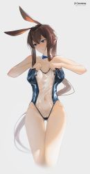 Rule 34 | 1girl, absurdres, amiya (arknights), animal ears, arknights, artist name, bandaid, bandaids on nipples, bare arms, bare shoulders, blue bow, blue bowtie, blush, bow, bowtie, breasts, brown hair, closed mouth, collarbone, cropped legs, crossed bandaids, detached collar, gluteal fold, highres, leotard, long hair, looking away, looking to the side, lufi ays, meme attire, navel, nose blush, oversized clothes, pasties, playboy bunny, ponytail, rabbit ears, see-through, see-through leotard, sidelocks, small breasts, solo, strapless, strapless leotard, thigh gap, thighs, traditional bowtie, translucent bunnysuit, very long hair