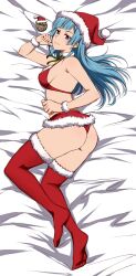 Rule 34 | 1girl, absurdres, alternate costume, ass, bed sheet, bikini, blue eyes, blue hair, blunt bangs, bow, bowtie, box wonderland, breasts, character charm, charm (object), christmas, closed mouth, commentary, diagonal bangs, elbow rest, english commentary, from above, full body, fur-trimmed bikini, fur-trimmed legwear, fur collar, fur trim, green bow, green bowtie, hat, head rest, highres, jujutsu kaisen, light blue hair, light smile, long hair, looking at viewer, lying, medium breasts, miwa kasumi, muta kokichi, on side, red bikini, red hat, red thighhighs, santa bikini, santa costume, santa hat, sideboob, solo, swimsuit, thighhighs