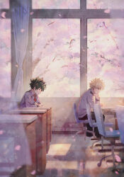 Rule 34 | 2boys, bakugou katsuki, black pants, blazer, blurry, blurry foreground, boku no hero academia, brown footwear, chair, cherry blossoms, cherry tree, closed mouth, collared shirt, commentary request, curtains, dated commentary, desk, double horizontal stripe, elbow on table, elbow rest, falling petals, freckles, from side, green eyes, green hair, hand on table, head down, head on hand, head rest, indoors, jacket, leaning forward, long sleeves, looking at another, looking down, male focus, midoriya izuku, multiple boys, necktie, office chair, on chair, pants, partial commentary, perspective, petals, profile, red eyes, red necktie, school desk, school uniform, shirt, short hair, sitting, spiked hair, swivel chair, tannoci, tile floor, tiles, u.a. school uniform, white shirt, wind, window, window shadow