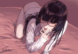 Rule 34 | 1girl, absurdres, all fours, asase yuugi, ass, barefoot, black hair, blush, bottomless, brown eyes, commentary request, dated, finger to mouth, glasses, haks, herio, highres, long hair, long sleeves, looking at viewer, naked shirt, original, saliva, shirt, smile, solo, tongue, tongue out, virtual youtuber, white shirt