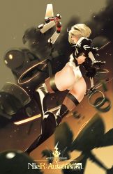 Rule 34 | 1girl, ass, back cutout, battle, black blindfold, black hairband, blindfold, boots, breasts, clothing cutout, covered eyes, drone, explosion, feather-trimmed sleeves, grey hair, hairband, high heel boots, high heels, highleg, highleg leotard, highres, juliet sleeves, katana, leather, leather boots, leotard, long sleeves, medium breasts, metalhanzo, mole, mole under mouth, nier (series), nier:automata, pink lips, pod (nier:automata), puffy sleeves, robot, short hair, solo focus, sword, thigh boots, thighhighs, thighhighs under boots, vambraces, virtuous contract, weapon, white leotard, 2b (nier:automata)