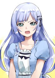 Rule 34 | 1girl, black ribbon, blue eyes, blue hair, blush, character request, collarbone, hair ornament, hair ribbon, long hair, looking at viewer, low-tied long hair, open mouth, ribbon, short sleeves, solo, tsukikage oyama, upper body, v-shaped eyebrows, very long hair, white background, white ribbon