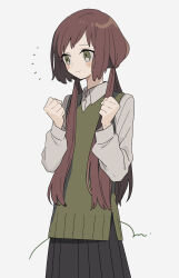 Rule 34 | 1girl, blush, brown hair, clenched hands, collared shirt, green eyes, highres, hinayasumi hinako (maco22), long hair, long sleeves, looking to the side, low twintails, maco22, original, pleated skirt, shirt, skirt, smile, solo, sweater vest, twintails
