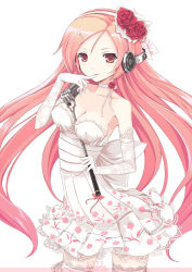 Rule 34 | 1girl, between breasts, breasts, cleavage, dress, elbow gloves, finger to mouth, floral print, flower, gloves, hair flower, hair ornament, headphones, holding, long hair, lucia, lucia (pangya), megurine luka, microphone, mikoto akemi, pangya, red eyes, simple background, solo, thighhighs, vocaloid, wedding dress, white background, white dress, white gloves, white thighhighs