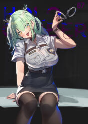 Rule 34 | 1girl, absurdres, antlers, belt, black choker, black thighhighs, blush, breasts, ceres fauna, chest harness, choker, commentary, cuffs, english commentary, english text, green hair, hair ribbon, handcuffs, harness, head tilt, high-waist skirt, highres, holding, holding handcuffs, hololive, hololive english, horns, lace-trimmed choker, lace trim, large breasts, looking at viewer, medium hair, midorimae, mole, mole under eye, open mouth, pencil skirt, police, police uniform, policewoman, ribbon, shadow, shirt, short sleeves, simple background, sitting, skirt, solo, taut clothes, taut shirt, thighhighs, tongue, tongue out, two side up, uniform, virtual youtuber, watch, white shirt, wristwatch, yellow eyes, zettai ryouiki