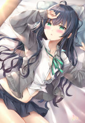 Rule 34 | 1girl, ahoge, arm up, bed, black hair, black skirt, buttons, cardigan, collared shirt, dress shirt, green eyes, grey cardigan, highres, long hair, long sleeves, looking at viewer, lying, maruma (maruma gic), midriff, miniskirt, navel, neck ribbon, on back, on bed, open cardigan, open clothes, original, parted lips, partially unbuttoned, pillow, pleated skirt, ribbon, school uniform, shirt, skirt, solo, sunlight, thighs, white shirt