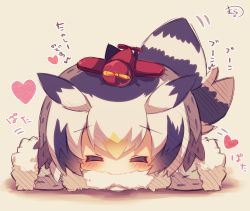 Rule 34 | 10s, 1girl, bird tail, black hair, blush, chibi, closed eyes, coat, facing viewer, fur-trimmed sleeves, fur collar, fur trim, grey coat, hair between eyes, head wings, heart, highres, kemono friends, long sleeves, lying, multicolored hair, muuran, northern white-faced owl (kemono friends), on stomach, orange hair, outstretched arms, signature, solo, spread arms, tail, toy, toy airplane, translation request, white hair, wings