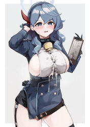 Rule 34 | 1girl, :o, after paizuri, ako (blue archive), areola slip, arm up, bell, black gloves, blue archive, blue collar, blue eyes, blue hair, border, breasts, clipboard, collar, cowbell, cum, cum in clothes, cum on body, cum on breasts, cum on object, cum on upper body, garter straps, gloves, hairband, half gloves, halo, highres, large breasts, medium hair, neck bell, oza osuwari, solo, suggestive fluid, sweatdrop, thighs, v-shaped eyebrows, wavy hair, white border