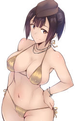 Rule 34 | 1girl, bikini, black hair, bracelet, breasts, brown eyes, brown hat, commentary request, cowboy shot, em (totsuzen no hakike), garrison cap, geena preddy, gold bikini, groin, halterneck, hand on own hip, hat, jewelry, large breasts, looking at viewer, military hat, navel, necklace, noble witches, partial commentary, short hair, short ponytail, side-tie bikini bottom, simple background, skindentation, solo, standing, string bikini, swimsuit, tan, white background, world witches series