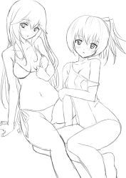 Rule 34 | 2girls, :o, adjusting clothes, adjusting swimsuit, arm support, barefoot, bikini, blush, breasts, breasts apart, cleavage, gaou (umaiyo puyoman), greyscale, head tilt, holding own arm, long hair, looking at viewer, monochrome, multiple girls, navel, one-piece swimsuit, ponytail, school swimsuit, side-tie bikini bottom, simple background, sitting, sketch, small breasts, spread legs, strap slip, string bikini, swimsuit, white background