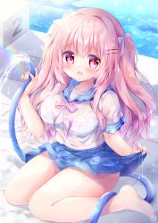 Rule 34 | 1girl, absurdres, blue sailor collar, blue skirt, blush, bra, brown hair, chiika (cure cherish), clothes lift, collarbone, commentary request, hair ornament, hair ribbon, hairclip, highres, holding, holding hose, hose, looking at viewer, moe2022, open mouth, original, pleated skirt, pool, poolside, red eyes, ribbon, sailor collar, school uniform, see-through, serafuku, shirt, sidelocks, sitting, skirt, skirt lift, solo, two side up, underwear, wariza, wet, wet clothes, wet shirt, wet skirt, white bra, white shirt