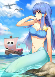 Rule 34 | 1girl, absurdres, animal, aqua (di gi charat), arm at side, bad id, bad pixiv id, bird, blue eyes, blue hair, blue sky, blurry, boat, breasts, cleavage, closed mouth, cloud, crop top, day, depth of field, di gi charat, eyebrows, flag, hair tubes, highres, long hair, matching hair/eyes, medium breasts, mermaid, monster girl, navel, ocean, outdoors, profile, rock, seagull, sidelocks, single strap, sitting, skull print, sky, smile, solo, stomach, ume ren, watercraft