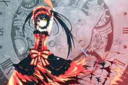 Rule 34 | 10s, 1girl, armpits, arms up, bare shoulders, clock, date a live, dress, gun, hairband, heterochromia, highres, long hair, looking at viewer, red eyes, rifle, solo, tokisaki kurumi, torn clothes, twintails, uiu, weapon, yellow eyes