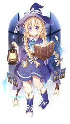 Rule 34 | 1girl, absurdres, ahoge, blonde hair, blue bow, blue footwear, blue skirt, blush, book, boots, bow, braid, capelet, collared shirt, dress shirt, hair between eyes, hands up, hat, hat bow, highres, holding, holding lantern, index finger raised, jacket, lantern, long hair, long sleeves, looking at viewer, open book, open clothes, open jacket, original, parted lips, pocket watch, purple capelet, purple eyes, purple hat, purple jacket, roman numeral, shirt, skirt, solo, star (symbol), stick jitb, striped, striped bow, twin braids, very long hair, watch, white bow, white shirt, wide sleeves, witch hat, wizard