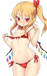 Rule 34 | 1girl, :q, bikini, bikini pull, blonde hair, body blush, chiroshiron, clothes pull, cowboy shot, flandre scarlet, heart, highres, long hair, looking at viewer, navel, one side up, pointy ears, pulled by self, red bikini, red eyes, side-tie bikini bottom, simple background, smile, solo, stomach, swimsuit, tongue, tongue out, touhou, white background, wings