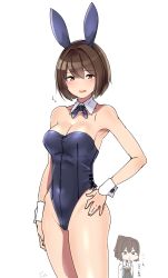 Rule 34 | 1girl, alternate costume, animal ears, arm at side, bad id, bad twitter id, bare arms, bare legs, bare shoulders, blood, blue bunny ears, blue leotard, blue neckwear, blush, bow, bowtie, breasts, brown eyes, brown hair, brown hakama, chibi, chibi inset, cleavage, collarbone, detached collar, fake animal ears, female focus, flying sweatdrops, grey skirt, hair ribbon, hakama, hakama skirt, hand on own hip, highleg, highleg leotard, highres, hyuuga (kancolle), ise (kancolle), japanese clothes, kantai collection, kimono, legs, leotard, long sleeves, looking at viewer, medium breasts, mini person, minigirl, neck, nontraditional miko, nosebleed, photo (object), playboy bunny, pleated skirt, ponytail, rabbit ears, rabbit tail, remodel (kantai collection), ribbon, sash, shinomu (cinomoon), short hair, skirt, standing, strapless, strapless leotard, tail, white kimono, wide sleeves, wrist cuffs