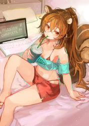 Rule 34 | 1girl, :3, animal ears, barefoot, bed, black bra, bra, breasts, brown eyes, brown hair, commission, computer, crop top, cup, disposable cup, drinking, drinking straw, hair between eyes, highleg, highleg panties, highres, holding, holding cup, indoors, laptop, long hair, medium breasts, nagasawa tougo, off shoulder, on bed, original, panties, park bokja, pillow, pixiv commission, ponytail, red panties, red shorts, shorts, sitting, solo, squirrel ears, squirrel girl, squirrel tail, tail, underwear