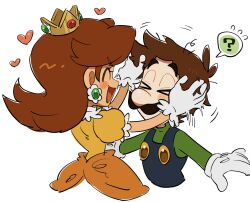 1boy 1girl ? blue_overalls brown_hair closed_eyes crown dress earrings facial_hair flipped_hair flower_earrings gloves green_shirt hands_on_another&#039;s_face heart highres jewelry long_hair long_sleeves luigi mario_(series) medium_hair messy_hair mimimi_(mimimim9999) mustache nintendo open_mouth orange_dress overalls parted_bangs princess princess_daisy puffy_short_sleeves puffy_sleeves shirt short_hair short_sleeves white_background white_gloves