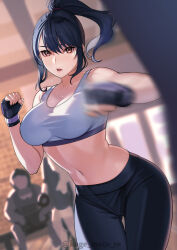 Rule 34 | 1girl, absurdres, bare shoulders, black gloves, black hair, black pants, boxing gloves, breasts, brown eyes, cleavage, clenched hands, collarbone, commentary request, cowboy shot, fingerless gloves, gloves, gluteal fold, highres, indoors, kagematsuri, large breasts, looking at viewer, midriff, motion blur, navel, original, pants, parted lips, ponytail, punching, punching bag, sidelocks, sports bra, standing, sweat, thigh gap, twitter username, white sports bra, yoga pants