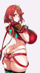 Rule 34 | 1girl, :o, asanagi, ass, black gloves, black thighhighs, breasts, butt crack, commentary, earrings, fingerless gloves, from behind, gloves, headpiece, highres, huge breasts, jewelry, looking at viewer, nintendo, pink background, pyra (xenoblade), red eyes, red hair, short hair, simple background, skindentation, solo, symbol-shaped pupils, thick thighs, thighhighs, thighs, xenoblade chronicles (series), xenoblade chronicles 2