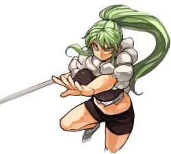 Rule 34 | 1girl, bike shorts, breasts, female focus, green eyes, green hair, high ponytail, holding, large breasts, long hair, matching hair/eyes, md5 mismatch, original, ponytail, resized, sachito, sidelocks, simple background, solo, sumi-chan (sachito), sword, very long hair, weapon, white background