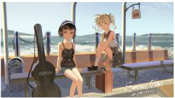 Rule 34 | 2girls, adjusting clothes, adjusting legwear, ahoge, arrow (symbol), bag, beach, black hair, black ribbon, blonde hair, blue sky, bob cut, brown eyes, bus stop, camisole, closed mouth, commentary, da (datako), day, denim, denim shorts, english commentary, english text, green eyes, guitar case, hair ribbon, hairband, handbag, highres, instrument case, leg up, loafers, looking at viewer, luggage, multiple girls, ocean, open mouth, original, outdoors, recycle bin, recycling symbol, ribbon, sand, scenery, shoes, short hair, short shorts, short twintails, shorts, sidelocks, sitting, sky, sleeveless, smile, socks, suitcase, summer, sunlight, sweat, tan, tanline, twintails, water, waves, white legwear