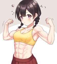 Rule 34 | 1girl, 23nanato, abs, armpits, bare arms, bare shoulders, black hair, blush, braid, breasts, cleavage, closed mouth, collarbone, commentary request, crop top, double biceps pose, flexing, flying sweatdrops, grey background, hands up, highres, muscular, muscular female, navel, original, pleated skirt, purple eyes, red skirt, skirt, small breasts, solo, twin braids, two-tone background, v-shaped eyebrows, white background
