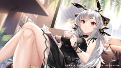 Rule 34 | 1girl, arknights, bare legs, bare shoulders, black choker, black dress, book, breasts, choker, cup, dress, hair ornament, hairband, highres, holding, horns, crossed legs, long hair, medium breasts, parted lips, red eyes, sannio, silver hair, sitting, sleeveless, sleeveless dress, solo, spaghetti strap, teacup, weedy (arknights), wrist cuffs