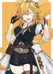 Rule 34 | 1girl, :d, ^ ^, animal ears, arknights, belt, belt pouch, black skirt, black vest, blonde hair, border, braid, brown thighhighs, closed eyes, collared shirt, covered navel, cowboy shot, facing viewer, fanshu, green hair, hand in own hair, hands up, highres, kroos (arknights), kroos the keen glint (arknights), long hair, miniskirt, multicolored hair, official alternate costume, open mouth, orange background, outside border, pouch, rabbit ears, shirt, short sleeves, simple background, single braid, skirt, smile, solo, teeth, thigh gap, thighhighs, two-tone hair, upper teeth only, very long hair, vest, waist cape, white border, white shirt, zettai ryouiki