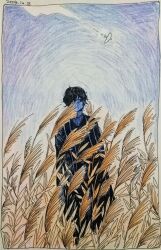 Rule 34 | 1boy, absurdres, aircraft, airplane, blue sky, colored pencil (medium), day, gierigsnow, highres, looking at viewer, male focus, outdoors, robe, saibou shinkyoku, shirt, short hair, sky, solo, stole, traditional media, utsugi noriyuki, wheat, wheat field