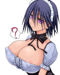 Rule 34 | 1girl, aebafuti, areola slip, blue hair, bow, bowtie, breasts, cleavage, covered erect nipples, highres, huge breasts, impossible clothes, looking at viewer, maid, maid headdress, pink eyes, short hair, simple background, solo, standing, white background
