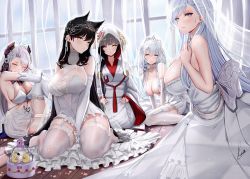 Rule 34 | 5girls, animal ears, antenna hair, atago (azur lane), atago (lily-white vow) (azur lane), azur lane, bare shoulders, belfast (azur lane), belfast (the pledge of claddagh) (azur lane), between legs, black hair, blue eyes, blunt bangs, blush, braid, breasts, breasts out, bridal veil, bride, cake, choker, circlet, cleavage, closed mouth, collarbone, curtains, dress, earrings, female focus, food, garter straps, gloves, hair censor, hair over breasts, hand between legs, hand on own chest, harem, head tilt, headgear, highres, hood, hood up, illustrious (azur lane), illustrious (morning star of love and hope) (azur lane), indoors, japanese clothes, jewelry, kimono, knee up, large breasts, leaning forward, long hair, looking at viewer, low twintails, manjuu (azur lane), mole, mole on breast, mole under eye, multicolored hair, multiple girls, no shoes, on floor, parted lips, piukute062, polygamy, prinz eugen (azur lane), prinz eugen (symphonic fate) (azur lane), red hair, see-through, seiza, short dress, sideboob, signature, silver hair, sitting, sleeveless, sleeveless dress, smile, strapless, strapless dress, streaked hair, swept bangs, takao (azur lane), takao (sakura hanami) (azur lane), tassel, thighhighs, tiara, twintails, uchikake, veil, very long hair, wariza, wedding dress, white dress, white gloves, white kimono, white theme, white thighhighs, window, wooden floor, yellow eyes