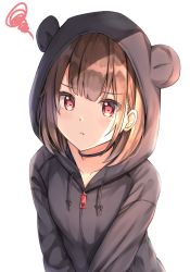Rule 34 | 1girl, animal ears, animal hood, black choker, black jacket, blush, brown hair, choker, closed mouth, collarbone, commentary request, drawstring, fake animal ears, hood, hood up, hooded jacket, jacket, keiran (ryo170), light frown, looking at viewer, original, red eyes, short hair, simple background, solo, squiggle, upper body, white background