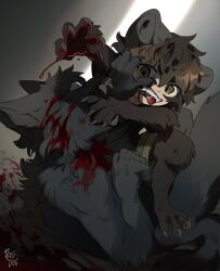 Rule 34 | 2boys, animal ears, animal feet, animal hands, artist name, biting, biting another&#039;s hand, black fur, black shirt, blood, blood on chest, blood on face, blood on hands, blue eyes, body fur, child, claws, commentary, deviidog0, english commentary, fangs, fighting, full body, furry, furry male, green eyes, green shorts, grey background, highres, looking at another, male focus, monster boy, multiple boys, open mouth, original, shirt, short eyebrows, short sleeves, shorts, simple background, t-shirt, tail, wolf boy, wolf ears, wolf tail