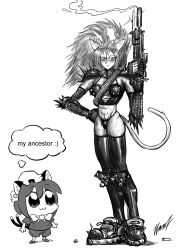 Rule 34 | 2girls, :3, animal ears, annapuma, armor, bayonet, bkub (style), blush, bow, bowtie, bustier, cat ears, cat tail, chen, chibi, commentary, dominion (manga), earrings, emoticon, english commentary, english text, fishnets, greyscale, gun, hair between eyes, hanzkilla, hat, highres, holding, holding gun, holding weapon, jewelry, long hair, looking up, mob cap, monochrome, multiple girls, multiple tails, muscular, muscular female, shell casing, shirt, shoes, short hair, shorts, shoulder spikes, signature, simple background, sketch, smile, smoke, sparkle, spiked armor, spiked gauntlets, spiked shoes, spikes, tail, thong, thought bubble, touhou, two tails, unipuma, weapon, weapon request