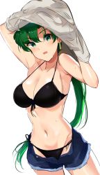 Rule 34 | 1girl, alternate costume, arm up, armpits, bikini, bikini under clothes, black bikini, blush, breasts, cleavage, clothes lift, collarbone, cowboy shot, cutoffs, denim, denim shorts, female focus, fire emblem, fire emblem: the blazing blade, fire emblem heroes, green eyes, green hair, head tilt, high ponytail, highres, large breasts, long hair, looking at viewer, lyn (fire emblem), navel, nintendo, open clothes, open shorts, ormille, parted bangs, ponytail, shirt, shirt lift, short shorts, shorts, sideboob, simple background, smile, solo, stomach, string bikini, sweat, swimsuit, undressing, unfastened, very long hair, white background, white shirt