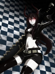 Rule 34 | bikini, bikini top only, black bikini, black gold saw, black rock shooter, black shorts, glowing, glowing eyes, highres, horns, huge weapon, kashiyuki, king saw, long hair, midriff, no shirt, pale skin, red eyes, shorts, skeletal hand, swimsuit, sword, weapon