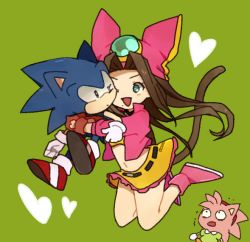 Rule 34 | 1boy, 2girls, amy rose, animal ears, bad id, bad pixiv id, belt, black choker, blue fur, blue hair, blush, body fur, brown gloves, brown hair, bukiko, cat girl, cat tail, cheek-to-cheek, choker, closed mouth, constricted pupils, crop top, cropped jacket, eye contact, frilled skirt, frills, furry, furry female, furry male, gem, gloves, green background, green eyes, green gemstone, green shirt, hair intakes, hairband, happy, heads together, heart, hug, hug from behind, jacket, jumping, light blush, long hair, long sleeves, looking at another, midriff, miniskirt, multiple girls, navel, one eye closed, open clothes, open jacket, open mouth, pink footwear, pink fur, pink hair, pink headwear, pink jacket, red footwear, red hairband, resolution mismatch, sara (sonic), shirt, shoes, short sleeves, simple background, skirt, smile, socks, sonic (series), sonic the hedgehog, sonic the hedgehog: the movie, sonic the hedgehog (classic), sonic the hedgehog (ova), source larger, stomach, tail, third-party edit, trembling, two-tone fur, white legwear, yellow fur, yellow shirt, yellow skirt