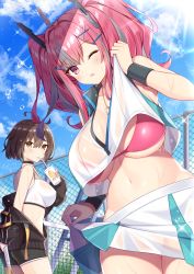Rule 34 | 2girls, absurdres, azur lane, baltimore (azur lane), baltimore (black ace) (azur lane), bare shoulders, bikini, bikini top only, blush, bow, braid, breasts, bremerton (azur lane), bremerton (scorching-hot training) (azur lane), brown hair, chain-link fence, clothes lift, commentary request, cowboy shot, crop top, crop top overhang, fence, french braid, grey hair, hair between eyes, hair bow, hair ornament, hairclip, heart, heart necklace, highres, holding, holding racket, jewelry, large breasts, lifting own clothes, long hair, looking at viewer, multicolored hair, multiple girls, necklace, no mole, off-shoulder jacket, off shoulder, one eye closed, pink bikini, pink hair, racket, see-through, shirt, shirt lift, short hair, skirt, skirt lift, sports bra, sportswear, streaked hair, swimsuit, t@ke-g, tennis racket, tennis uniform, twintails, two-tone hair, two-tone shirt, two-tone skirt, water, wet, wet bra, wet clothes, wet shirt, white sports bra, x hair ornament, yellow eyes
