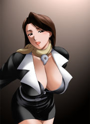 Rule 34 | 1girl, ace attorney, arisawa masaharu, belt, bra, breasts, brown hair, business suit, capcom, cleavage, collarbone, earrings, formal, huge breasts, jewelry, legs, lipstick, long hair, looking at viewer, magatama, makeup, mia fey, mole, open mouth, red eyes, scarf, simple background, skirt, smile, solo, standing, suit, thighs, underwear
