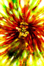 Rule 34 | 1girl, beret, dress, female focus, fighting stance, fire, fire, full body, green dress, hat, hong meiling, immaterial and missing power, looking at viewer, oisin, outstretched arms, puffy short sleeves, puffy sleeves, short sleeves, solo, standing, star (symbol), touhou